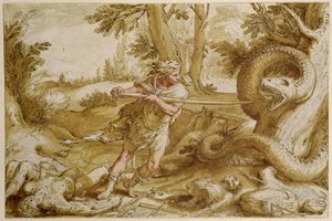 Cadmus prestes a atacar um Dragão (desenho a caneta e tinta com lavagem marrom e realce branco)